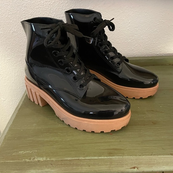 Gianni Bini Black Patent Rubber combat Boots - Picture 2 of 5